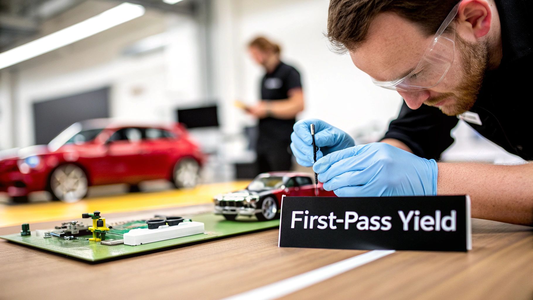 Technician in safety glasses and gloves precisely works on a circuit board, beside a 'First-Pass Yield' sign.