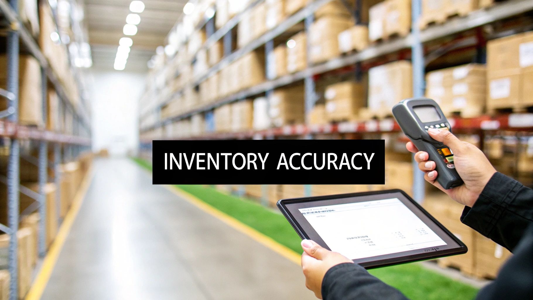 A person in a warehouse uses a handheld scanner and tablet for accurate inventory management.