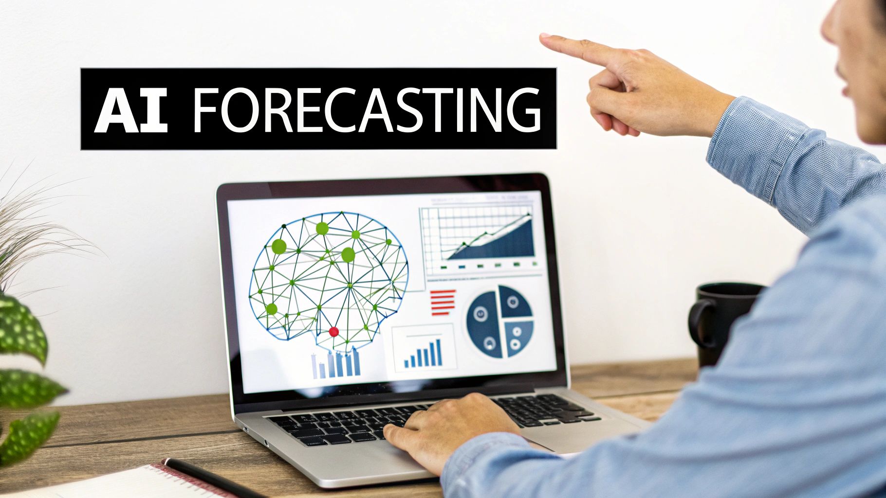 Person pointing at an 'AI FORECASTING' sign, with a laptop displaying data visualizations and network graphs.