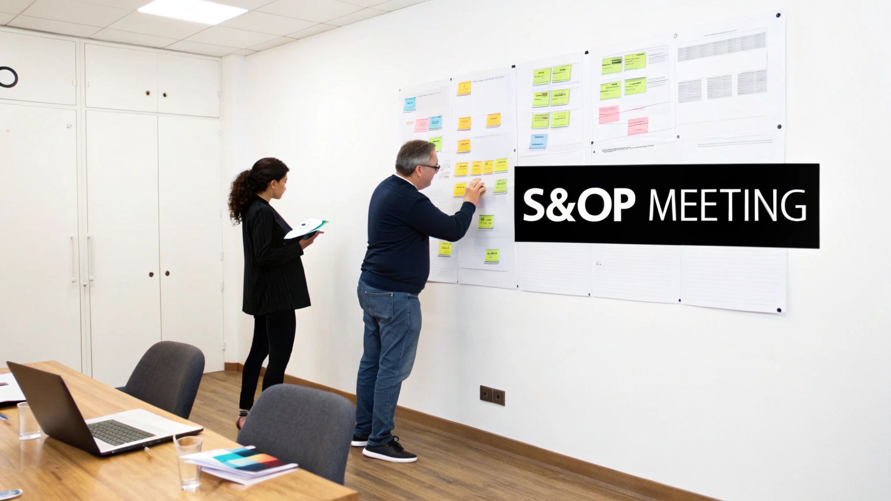 Two professionals collaborate in an S&OP meeting, organizing ideas with sticky notes on a board.