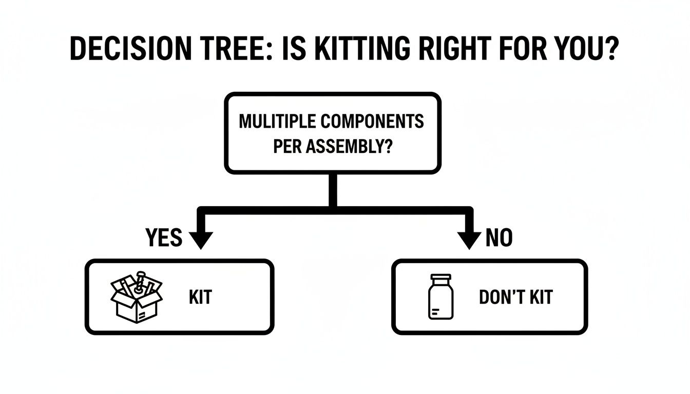 Decision tree diagram asking if multiple components per assembly means kitting is right.