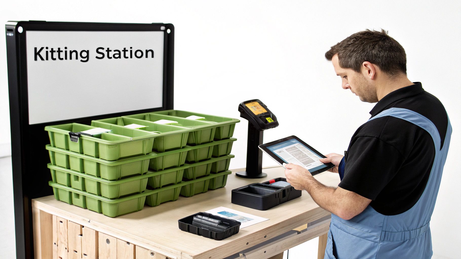 A man works at a kitting station, looking at a tablet with green bins and a scanner.