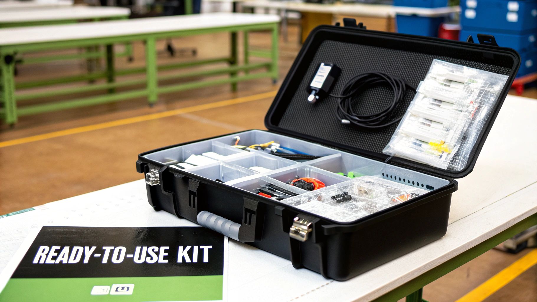 An open black "Ready-To-Use Kit" box on a table, filled with various components and tools.