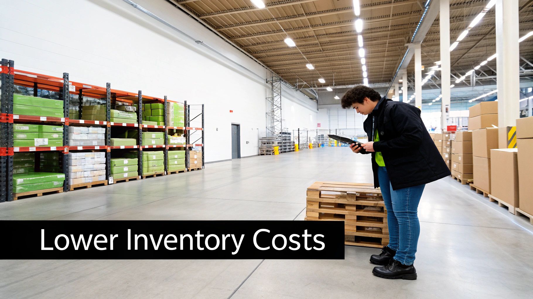 A warehouse employee uses a tablet to manage inventory among shelves filled with products.