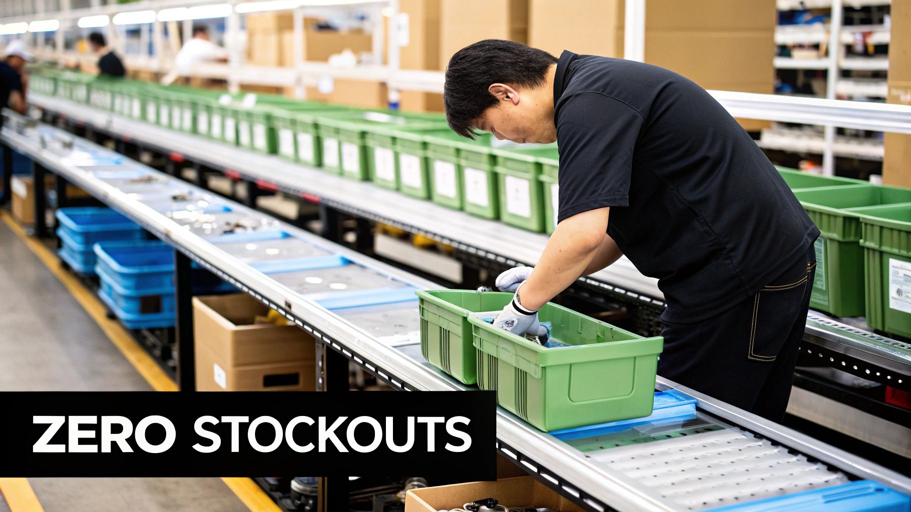 A factory worker in gloves places items into green bins on a conveyor belt in a warehouse.