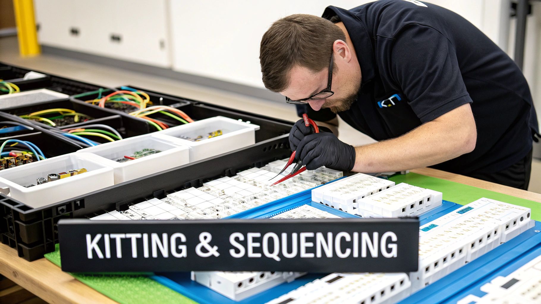 A technician meticulously works on kitting and sequencing electronic components on a workbench in a light manufacturing facility.