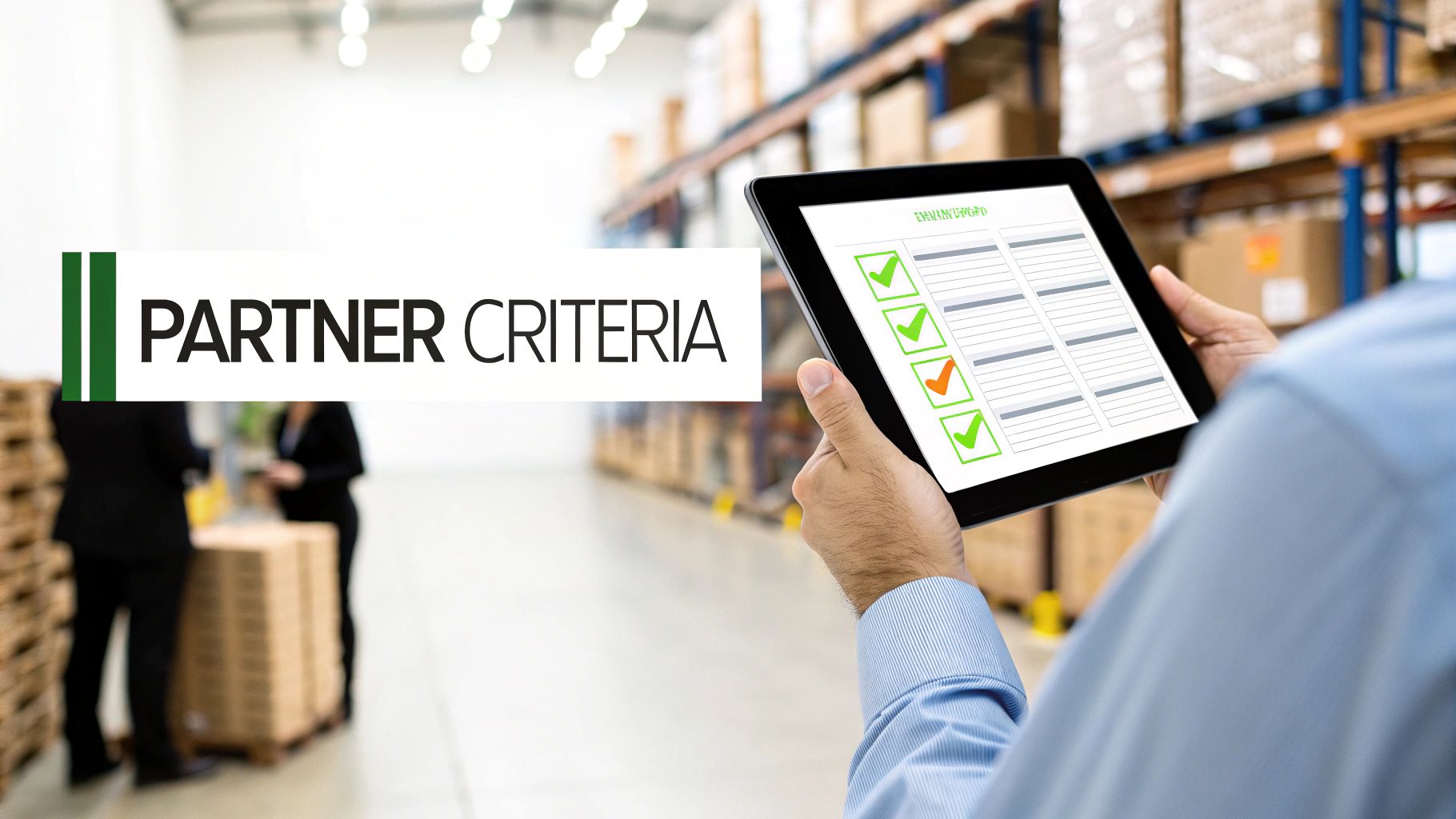A person holds a tablet displaying a partner criteria checklist in a manufacturing warehouse.