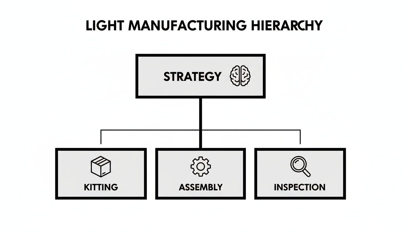 A hierarchical diagram illustrating light manufacturing processes, from strategy to kitting, assembly, and inspection.