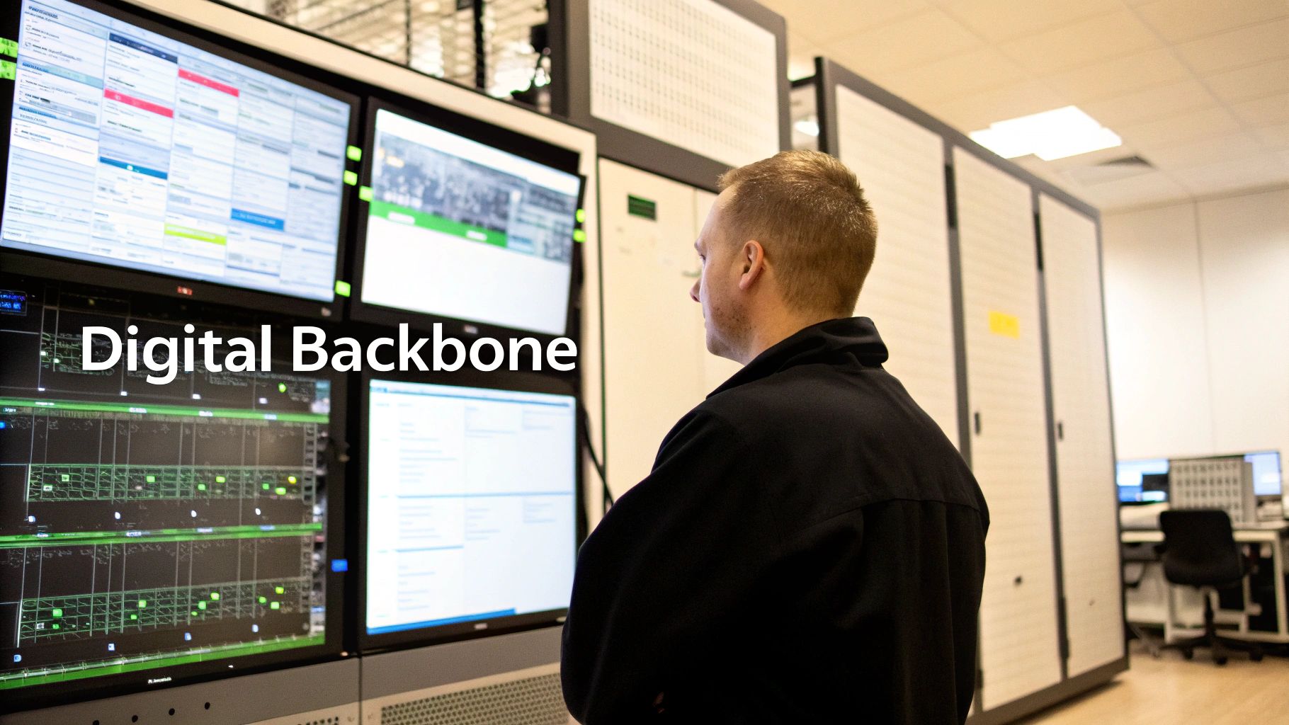 An IT professional monitors multiple screens displaying data in a modern data center with server racks.