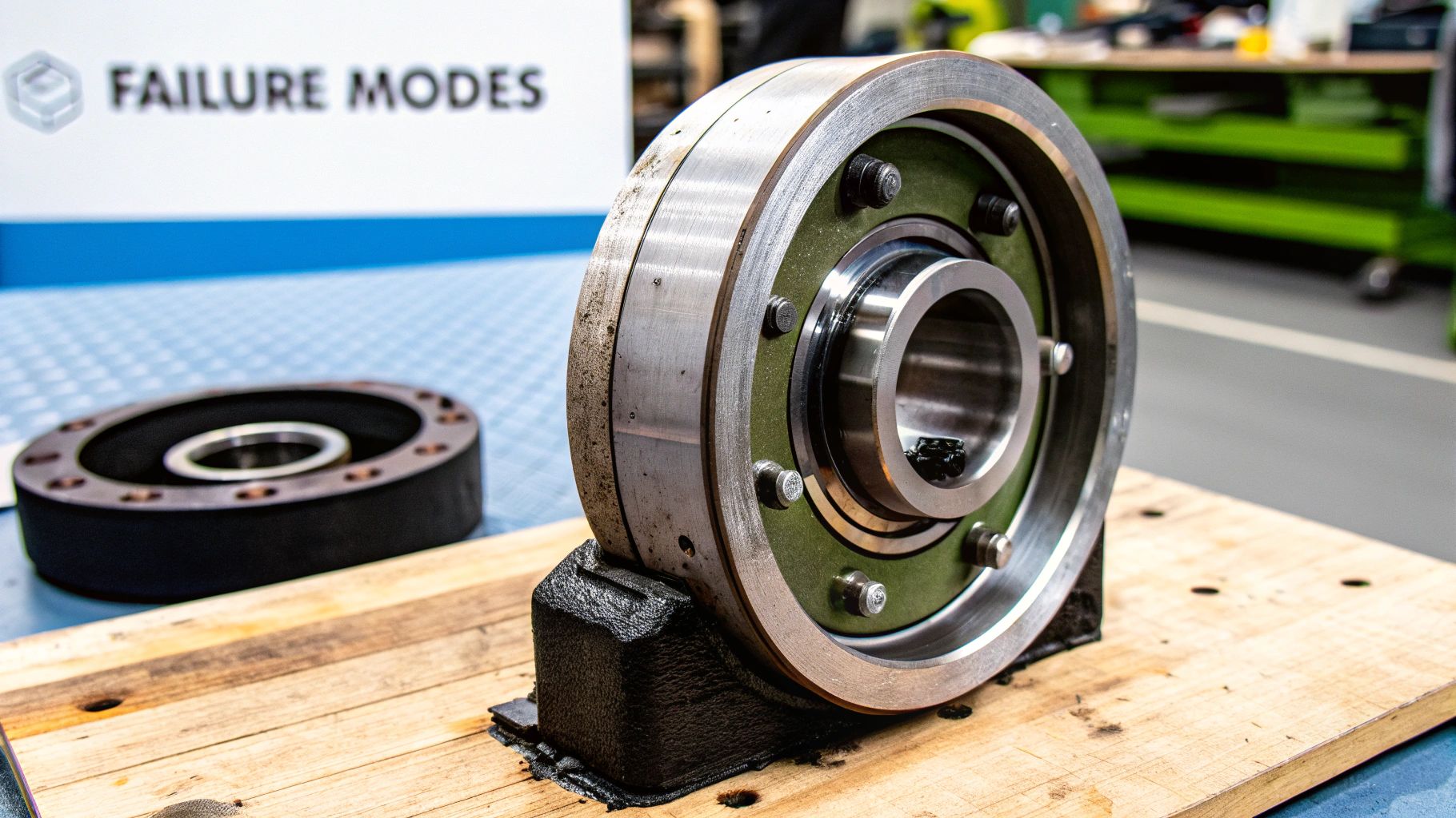 Large industrial bearing assembly parts on a wooden surface, with 'FAILURE MODES' sign.