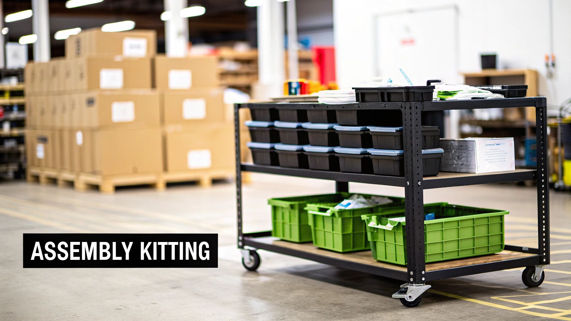 A rolling cart in a manufacturing facility, holding bins and crates for assembly kitting.