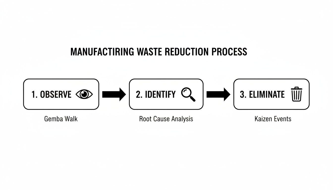 Diagram showing a 3-step manufacturing waste reduction process: observe, identify, and eliminate waste.