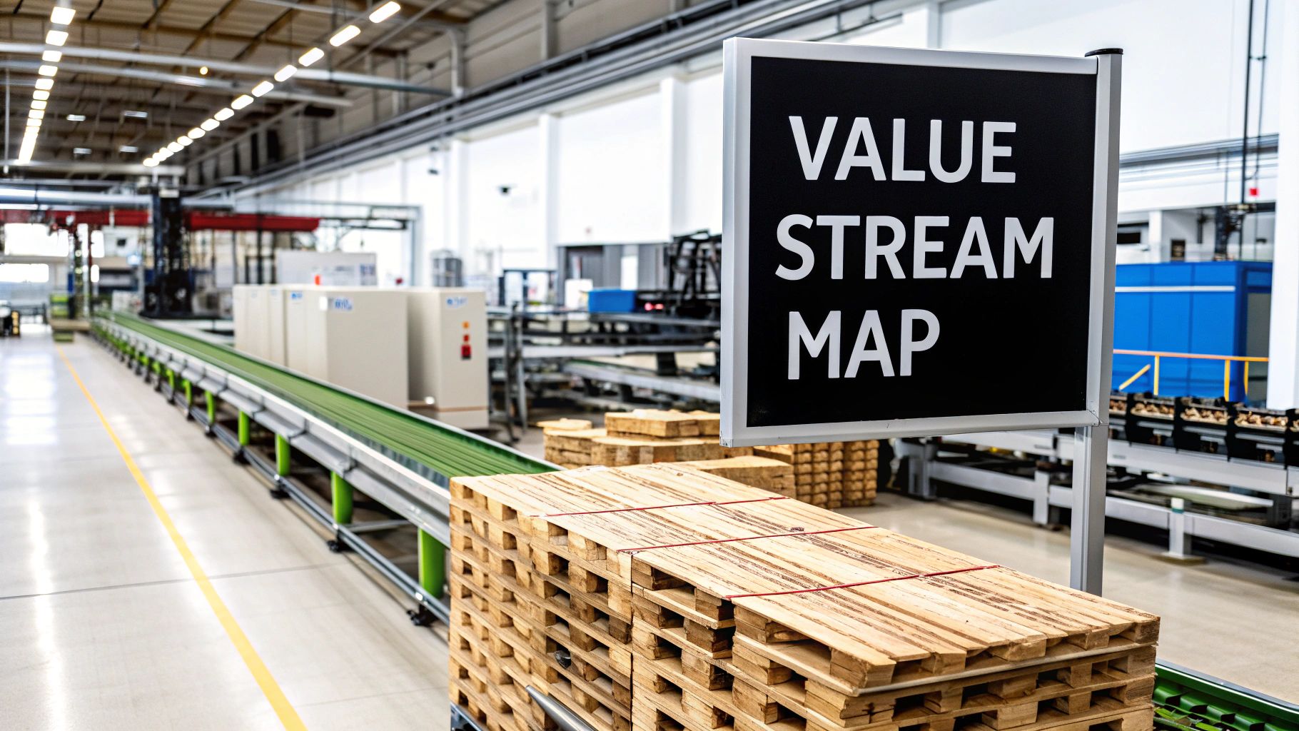 Inside a modern manufacturing plant, a conveyor belt moves products past a 'VALUE STREAM MAP' sign and pallets.