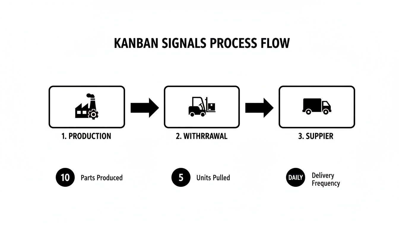 A Kanban process flow diagram illustrating production, withdrawal, and supplier stages with metrics.