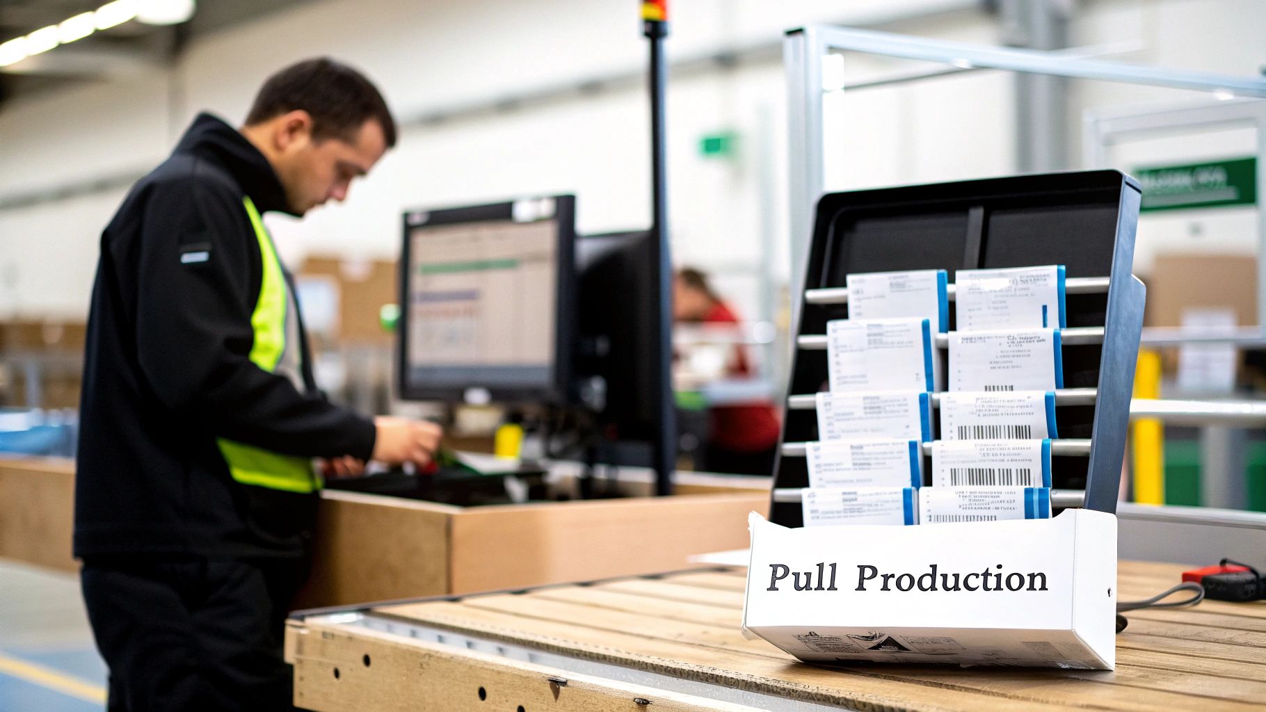 A worker processes orders at a production station, utilizing a 'Pull Production' kanban system.