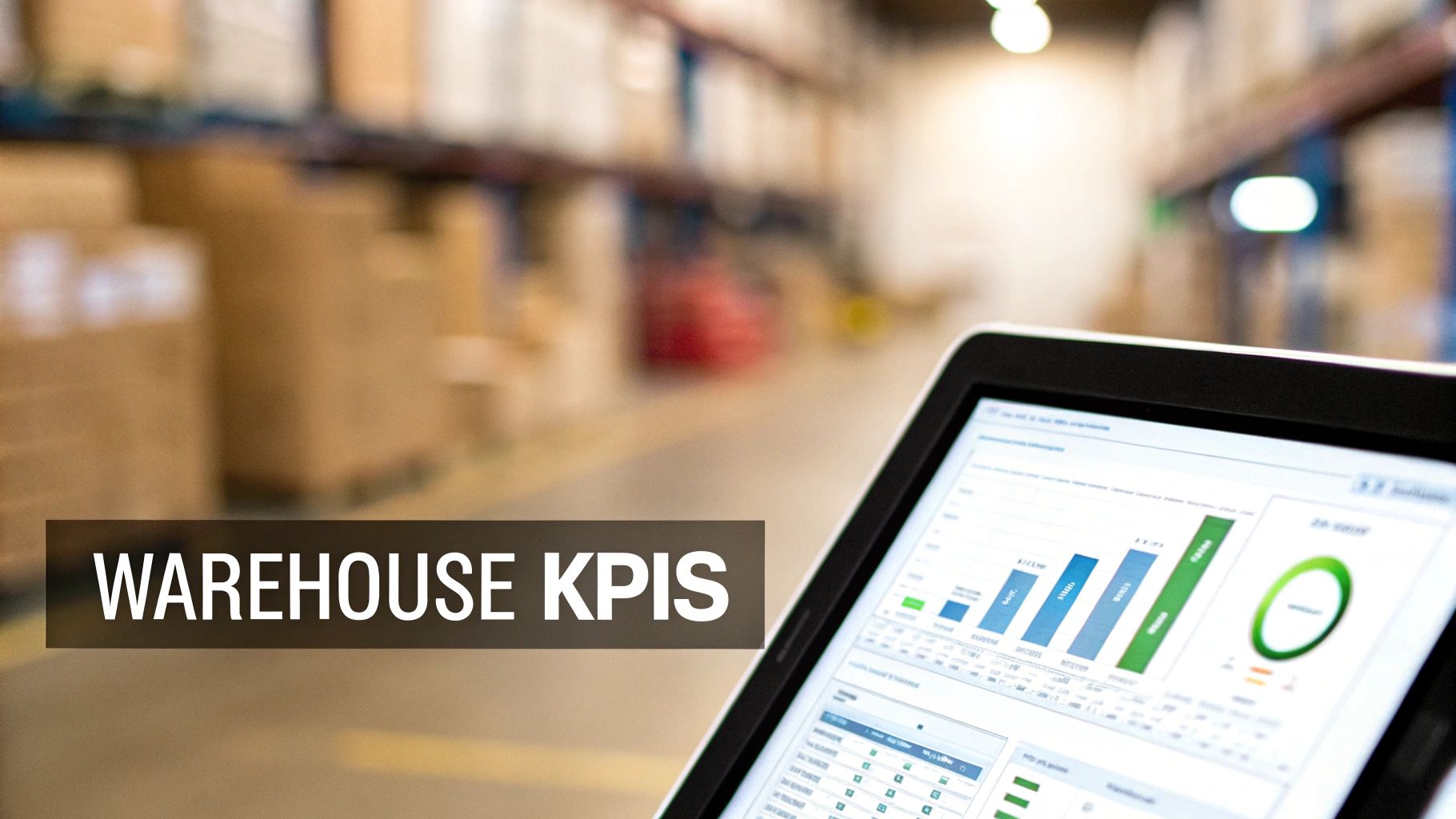 A tablet displaying warehouse KPIs with charts and data, in a blurred warehouse setting.