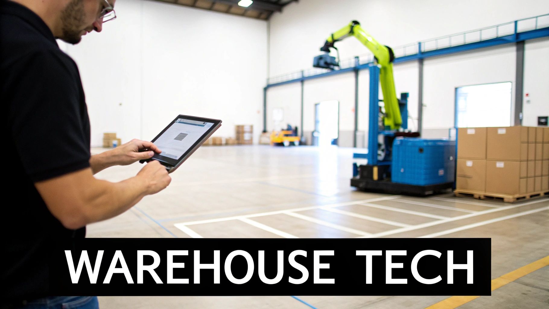 Man using a tablet in a modern warehouse with an automated robotic arm and stacked boxes.