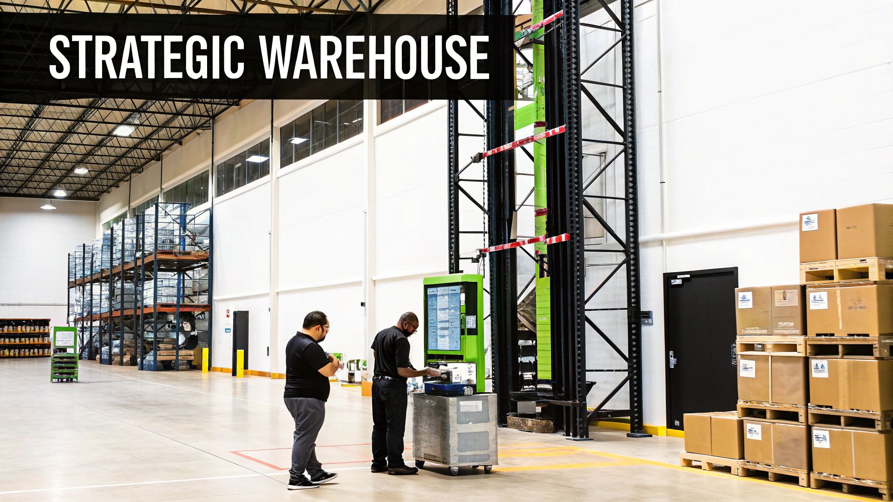 Two workers operate an automated storage and retrieval system in a modern, strategic warehouse facility.