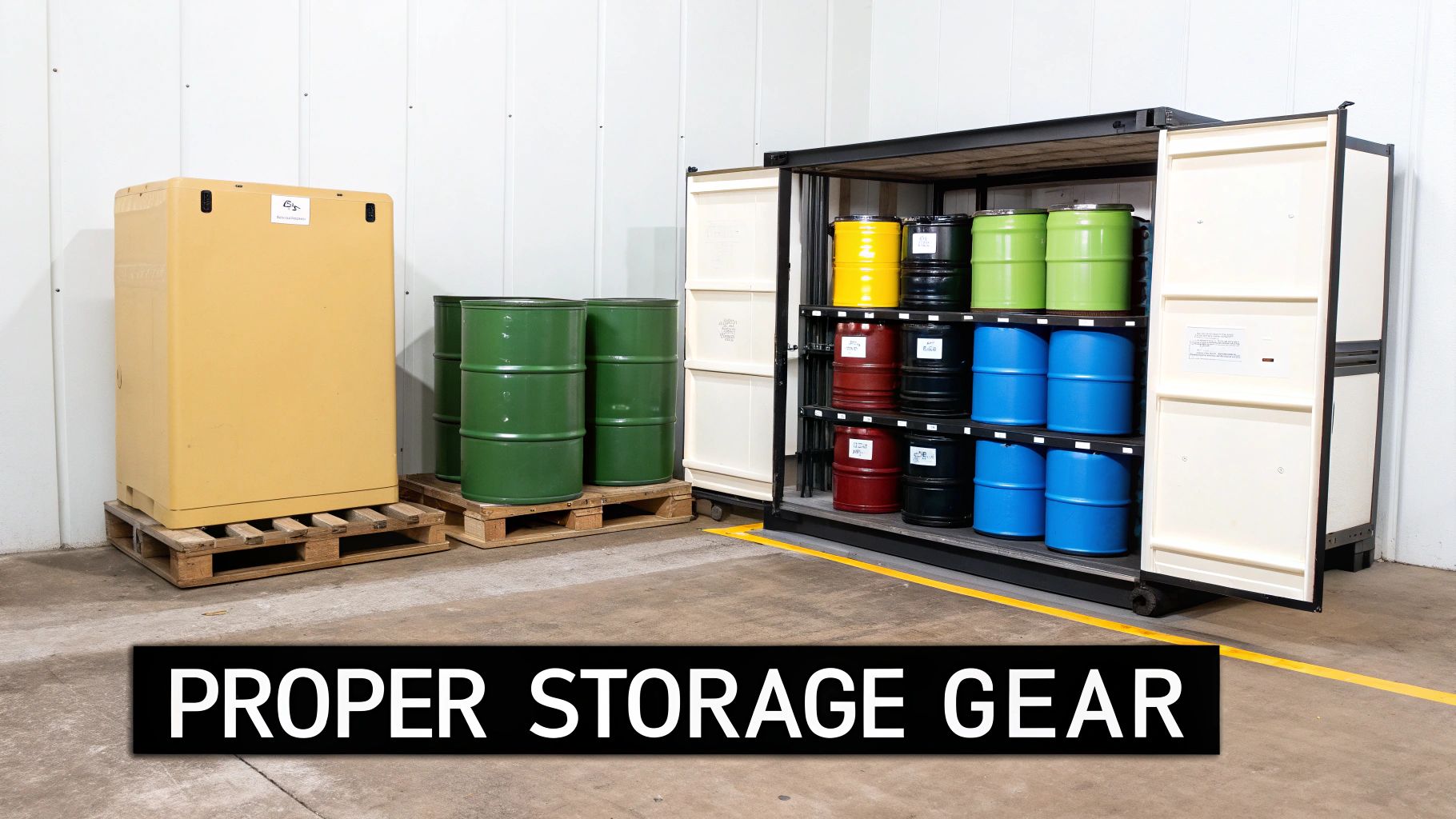 A warehouse scene with various storage containers, including drums on pallets and a large cabinet filled with colorful barrels, emphasizing proper storage practices.