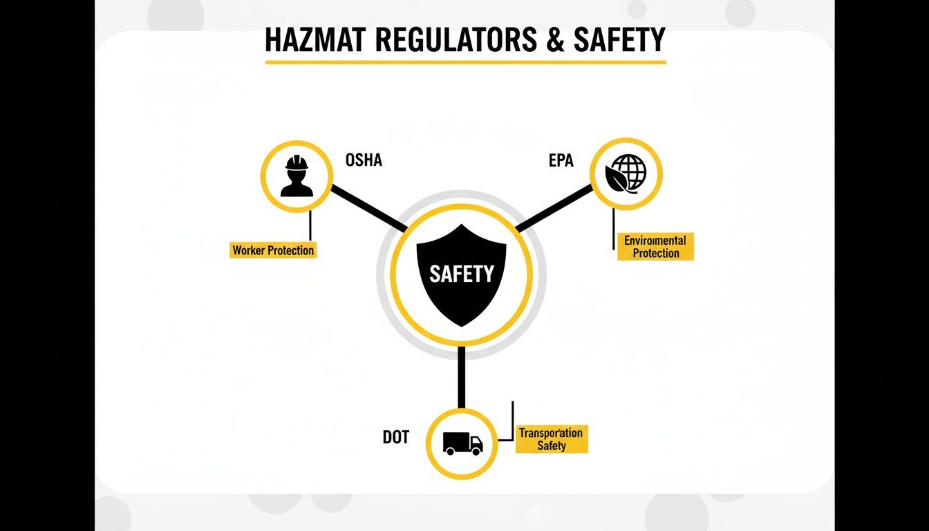 A diagram illustrating the key regulators (OSHA, EPA, DOT) and their roles in HAZMAT safety.
