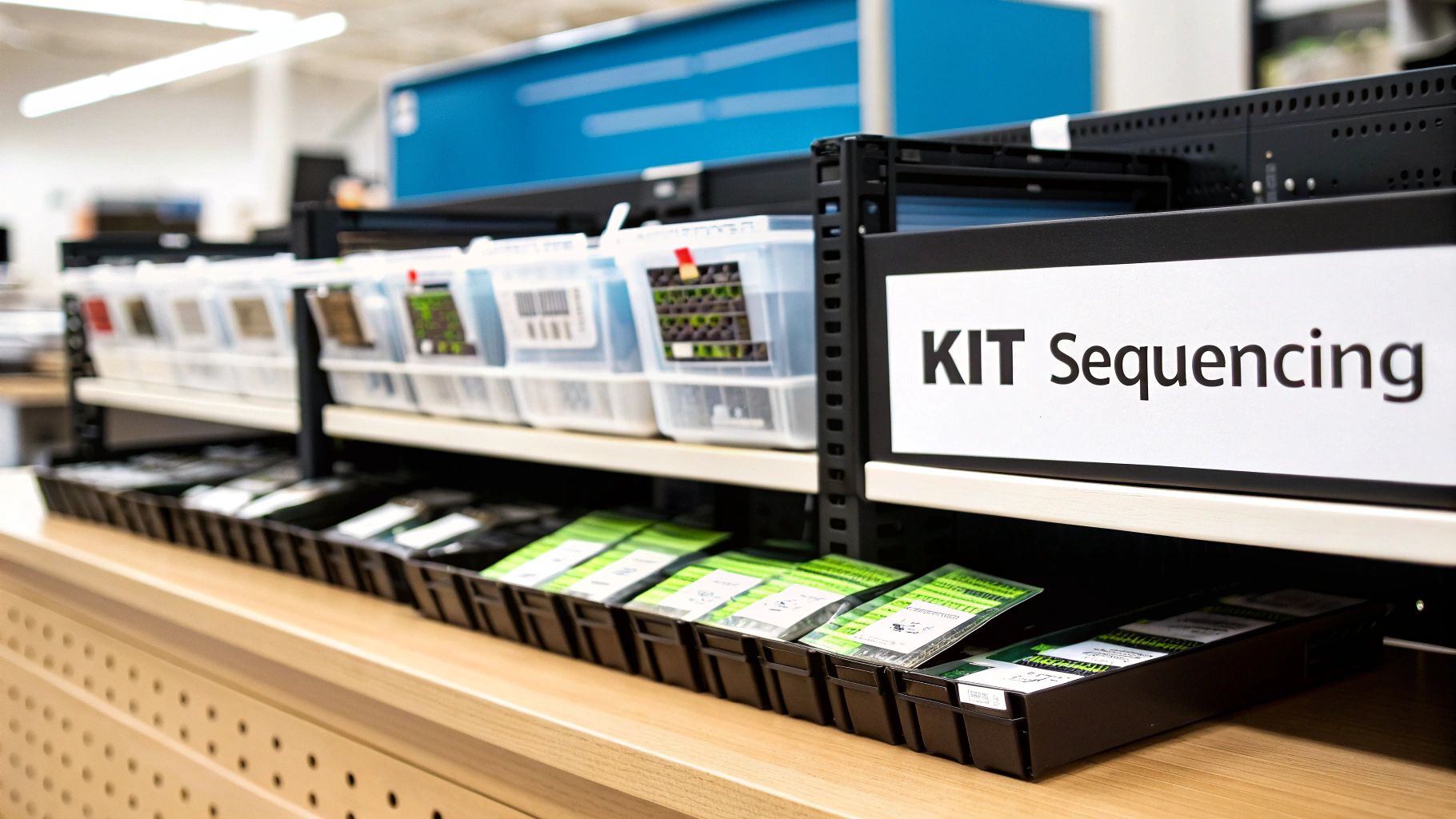 Shelves of lab kits and supplies, including 'KIT Sequencing' materials, organized in clear bins and trays.