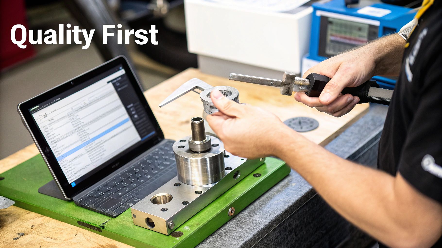 A technician uses a precision gauge to measure a metal part, with a laptop and 'Quality First' text.