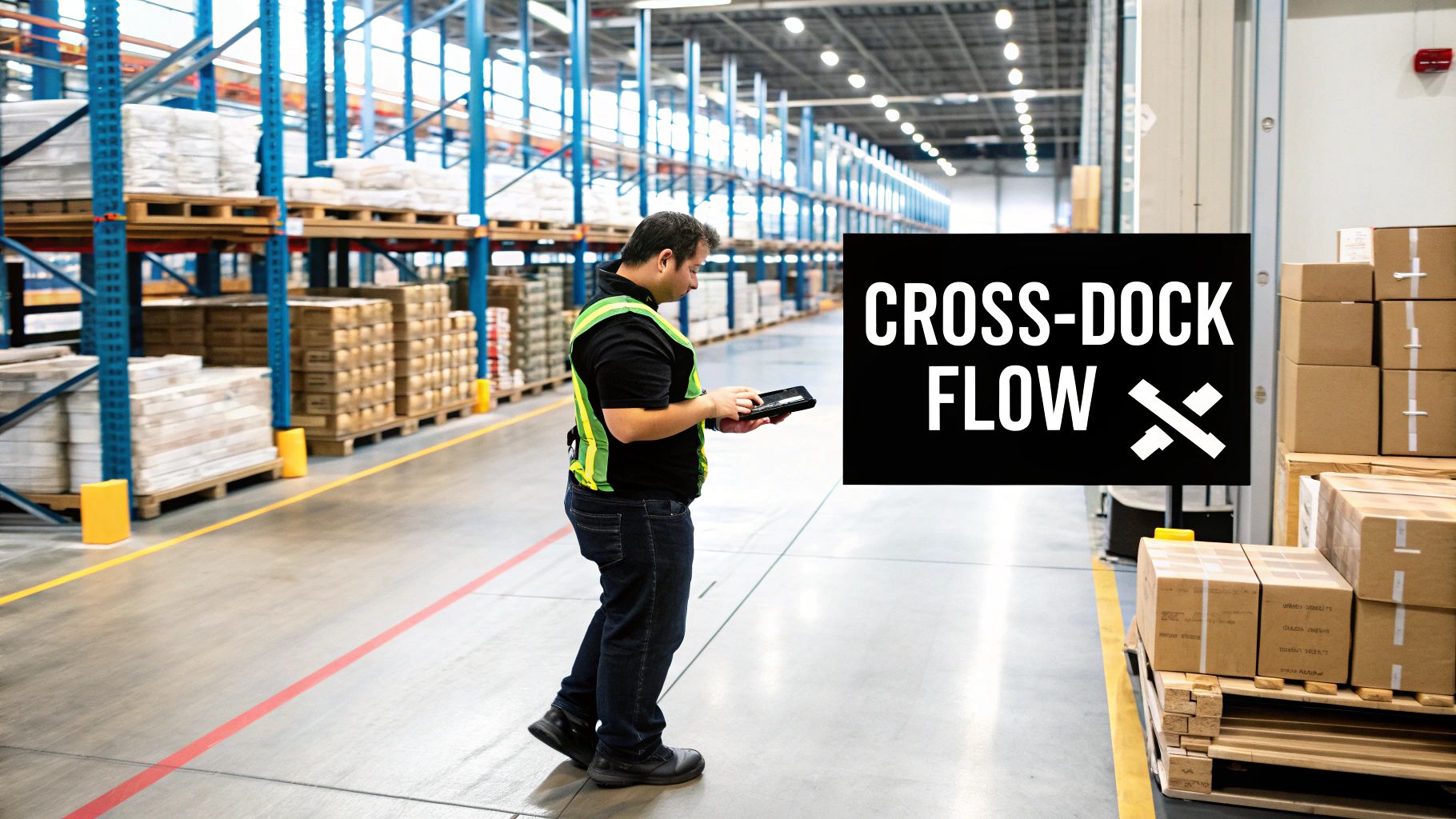A logistics worker in a warehouse uses a tablet, overseeing operations related to cross-dock flow.