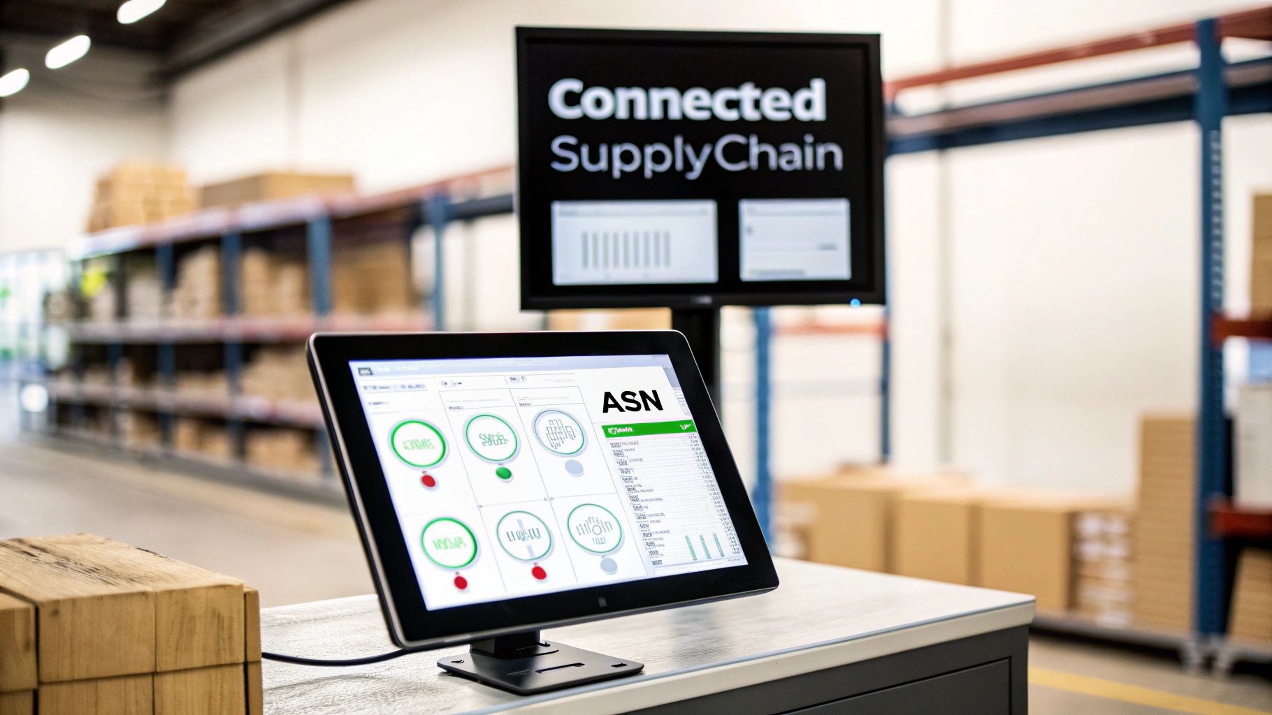 A digital tablet displaying supply chain data like ASN in a modern warehouse environment.