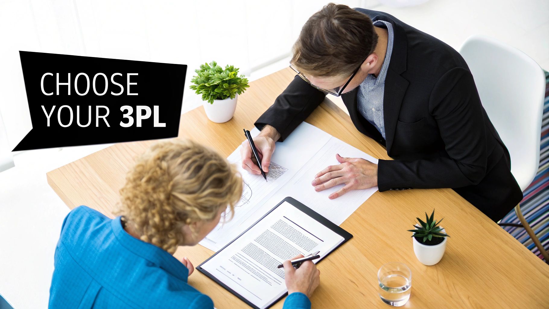 Two professionals review documents at a desk, with a speech bubble saying "CHOOSE YOUR 3PL".