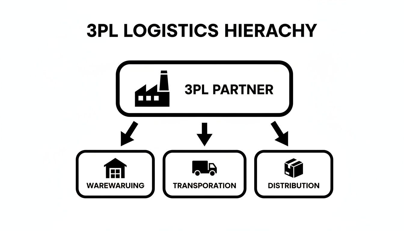 A diagram illustrating 3PL logistics hierarchy: a 3PL Partner offering warehousing, transportation, and distribution.