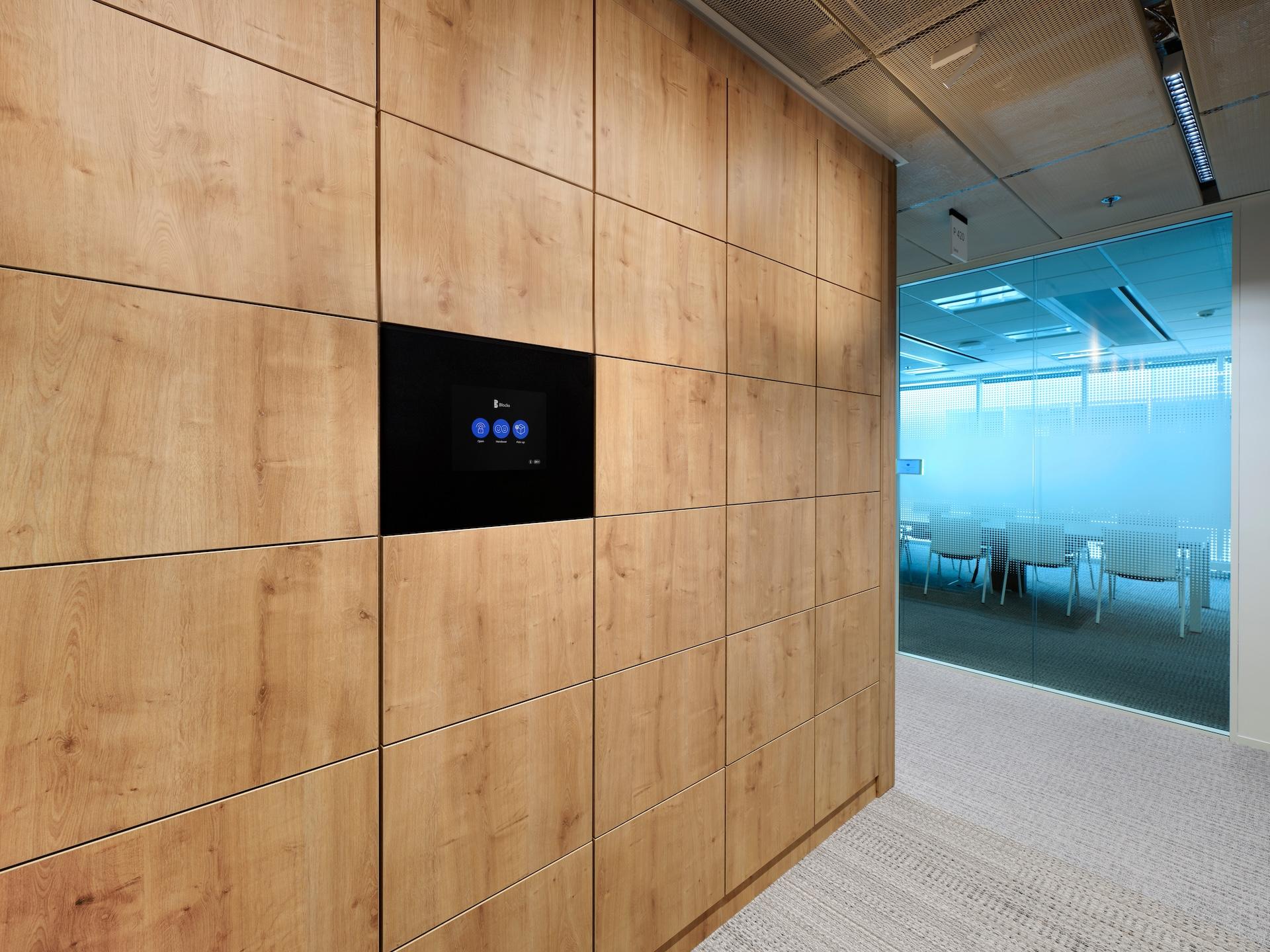 Blocks smart locker terminal integrated into a wooden locker wall