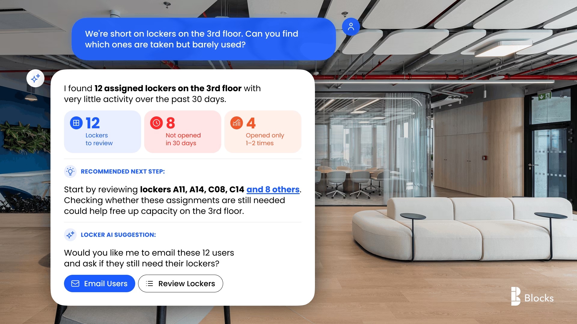 Locker AI identifies assigned lockers on the third floor with little activity and recommends lockers to review.