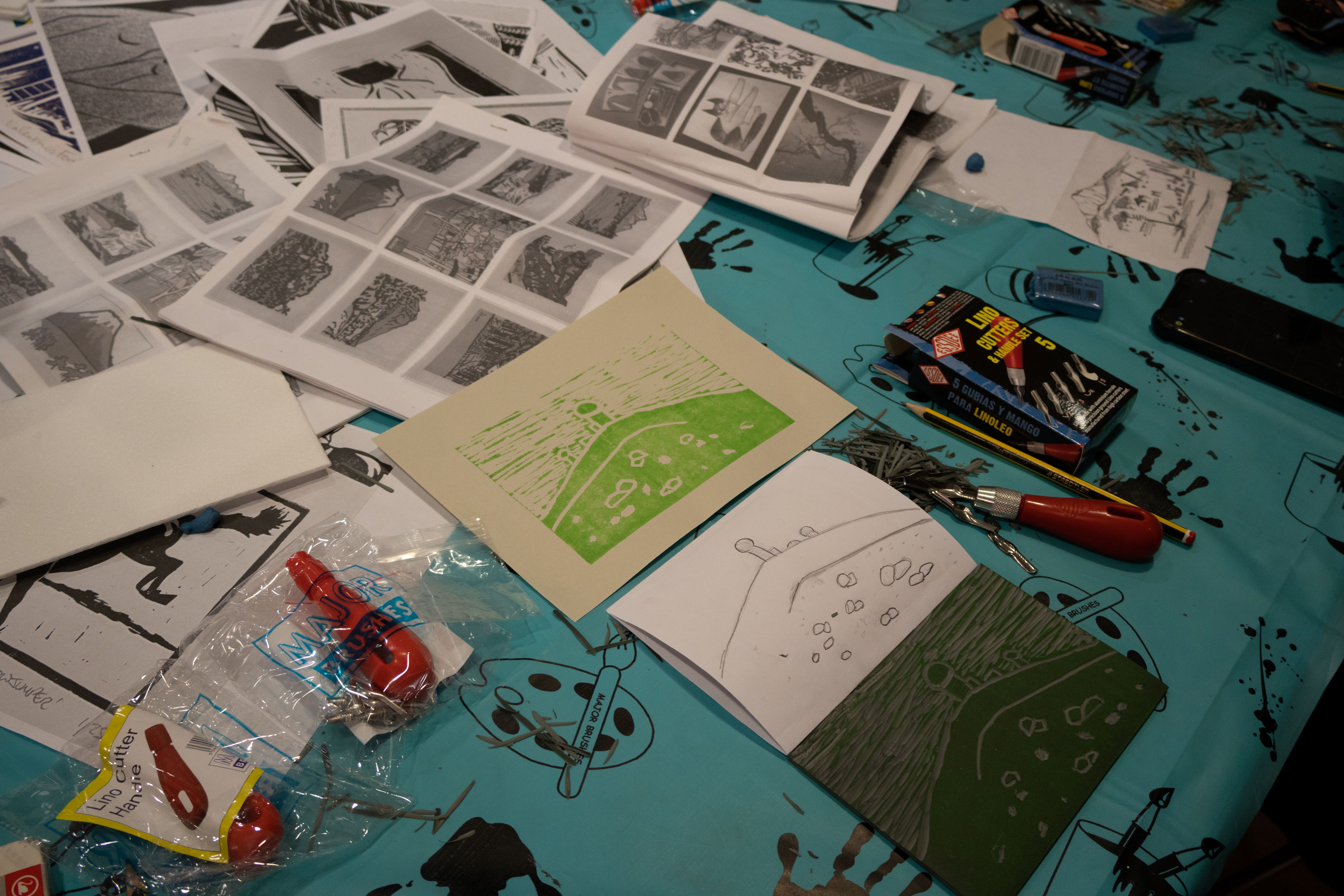 Linocut workshop led by Pui Lee