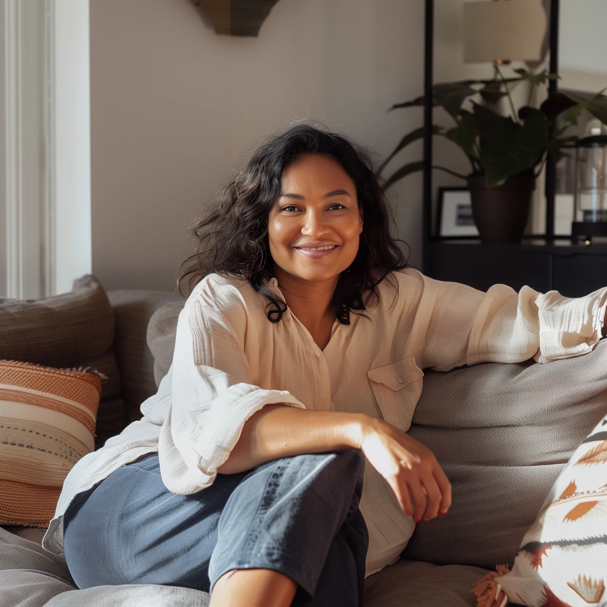 Woman sitting on a couch and smiling