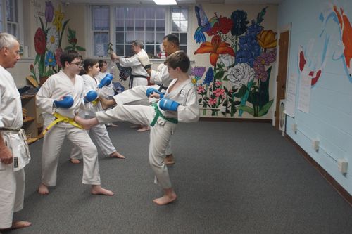 kids and senseis practicing karate kicks
