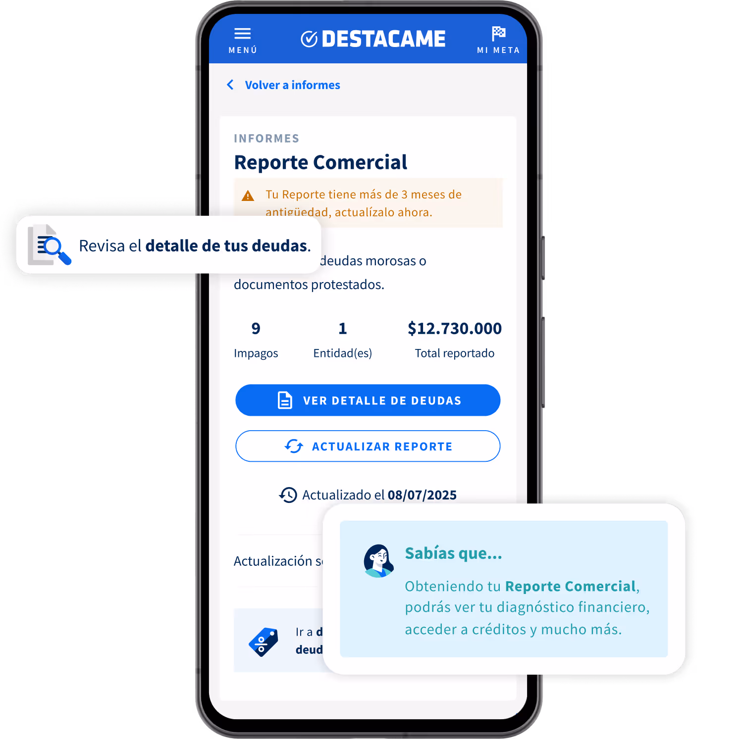 Imagen referencial sección Reporte Comercial y sus distintos estados