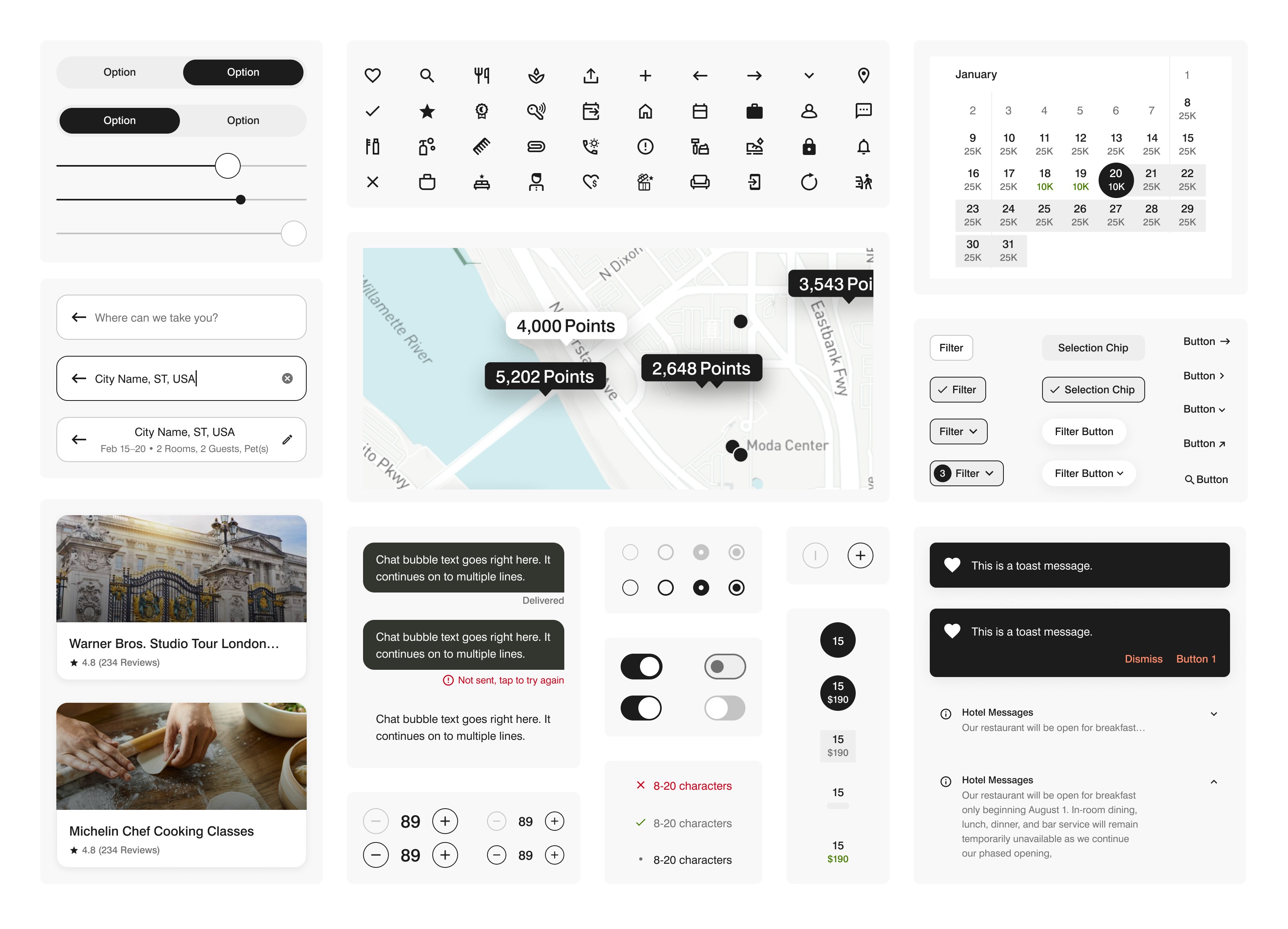 Overview of Marriott Bonvoy interface components, including map, calendar, filters, and messages