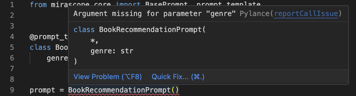 IDE Documentation and Linting Example: Argument missing for parameter