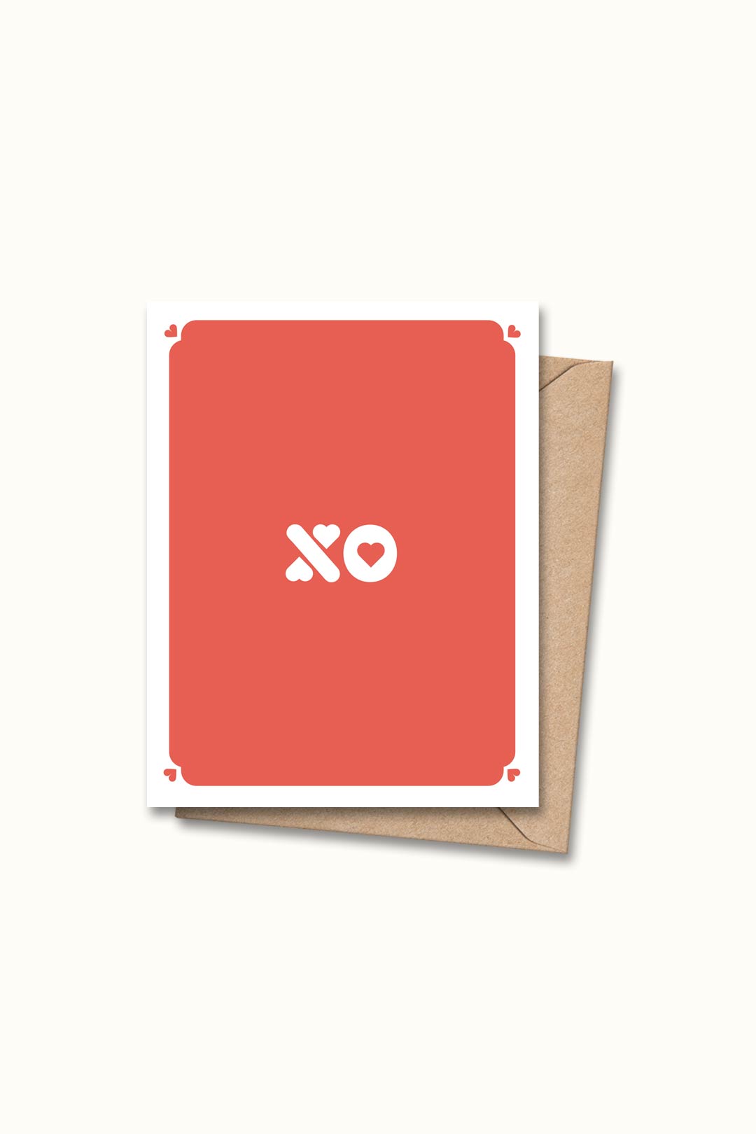 Greeting card with white XO on red background and taupe envelope