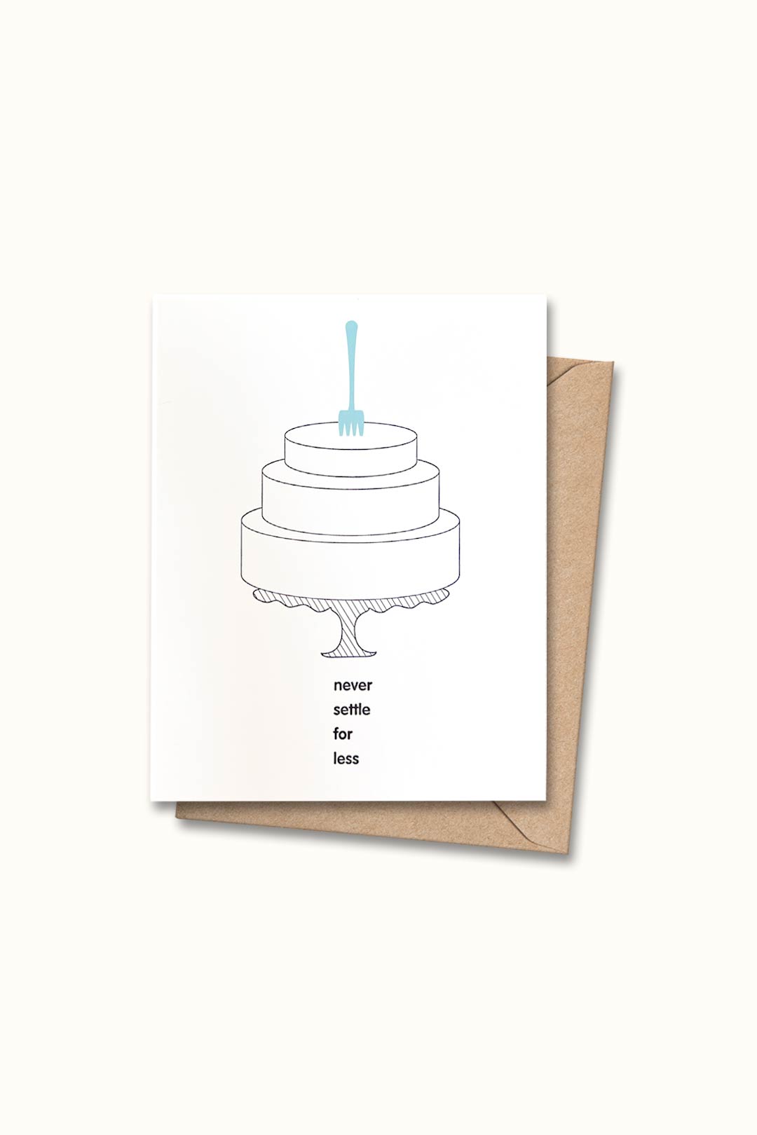 Letterpressed greeting card with blue fork in 3-tiered cake next to the words "never settled for less" on white card and taupe envelope