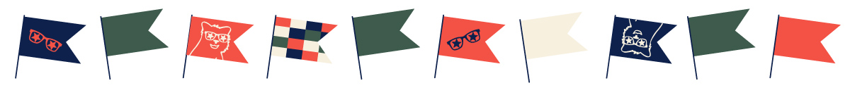 A series of flags in navy, hunter green, coral red and winter white