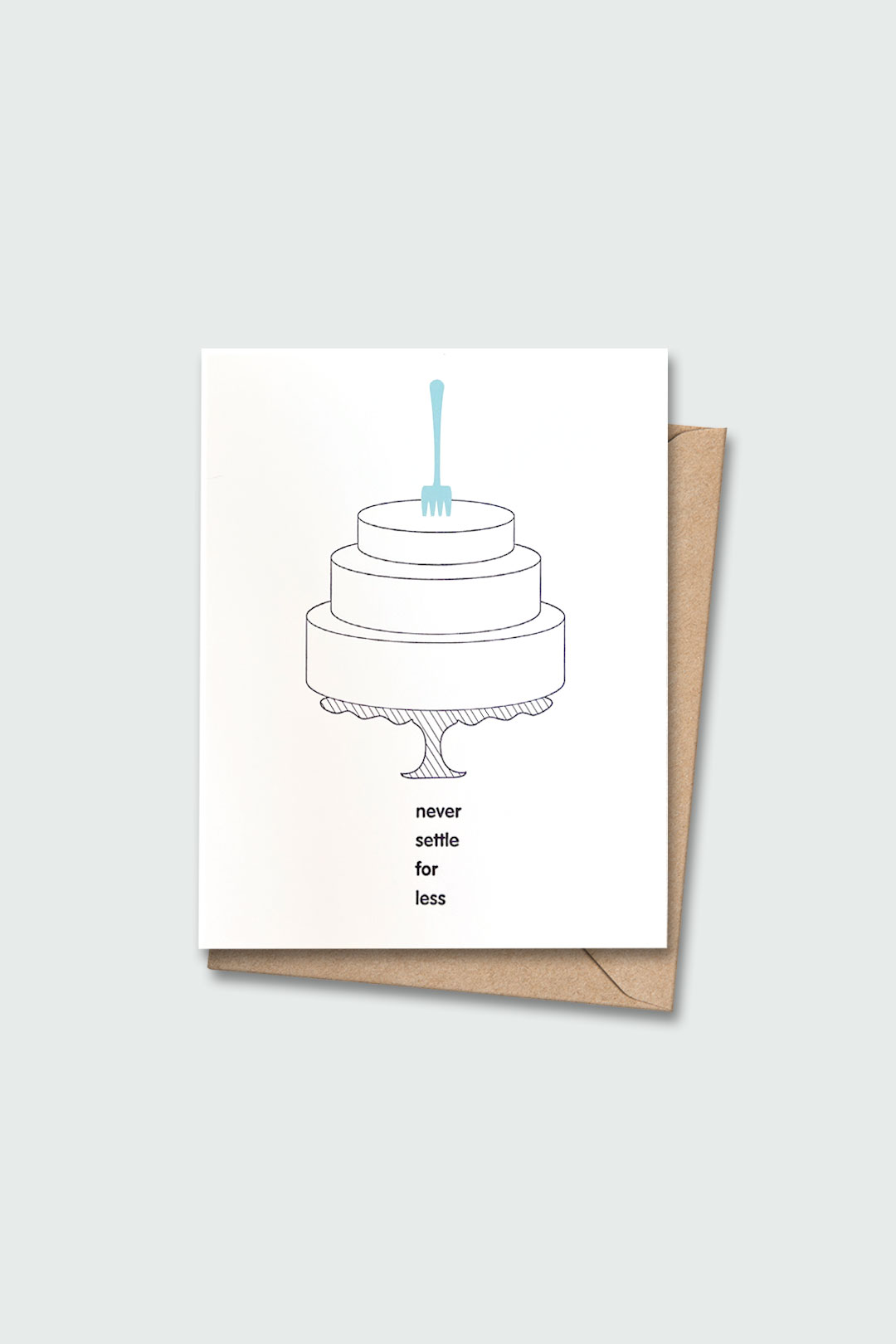 Letterpressed greeting card with blue fork in 3-tiered cake next to the words "never settled for less" on white card and taupe envelope