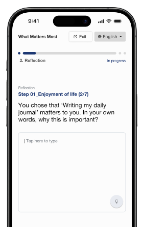 A picture of the What Matters Most reflection page with text box on a phone.