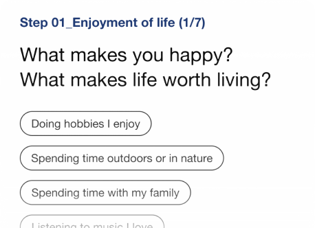 A phone screen of the Enjoyment of Life Section from the What Matters Most web app.