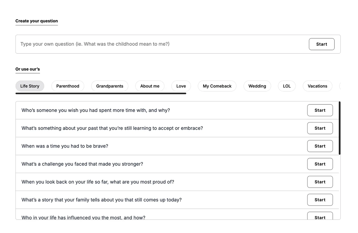 Interface for creating or selecting personal questions with categories like Life Story, Parenthood, Grandparents, and prompts such as 'Who's someone you wish you had spent more time with, and why?'