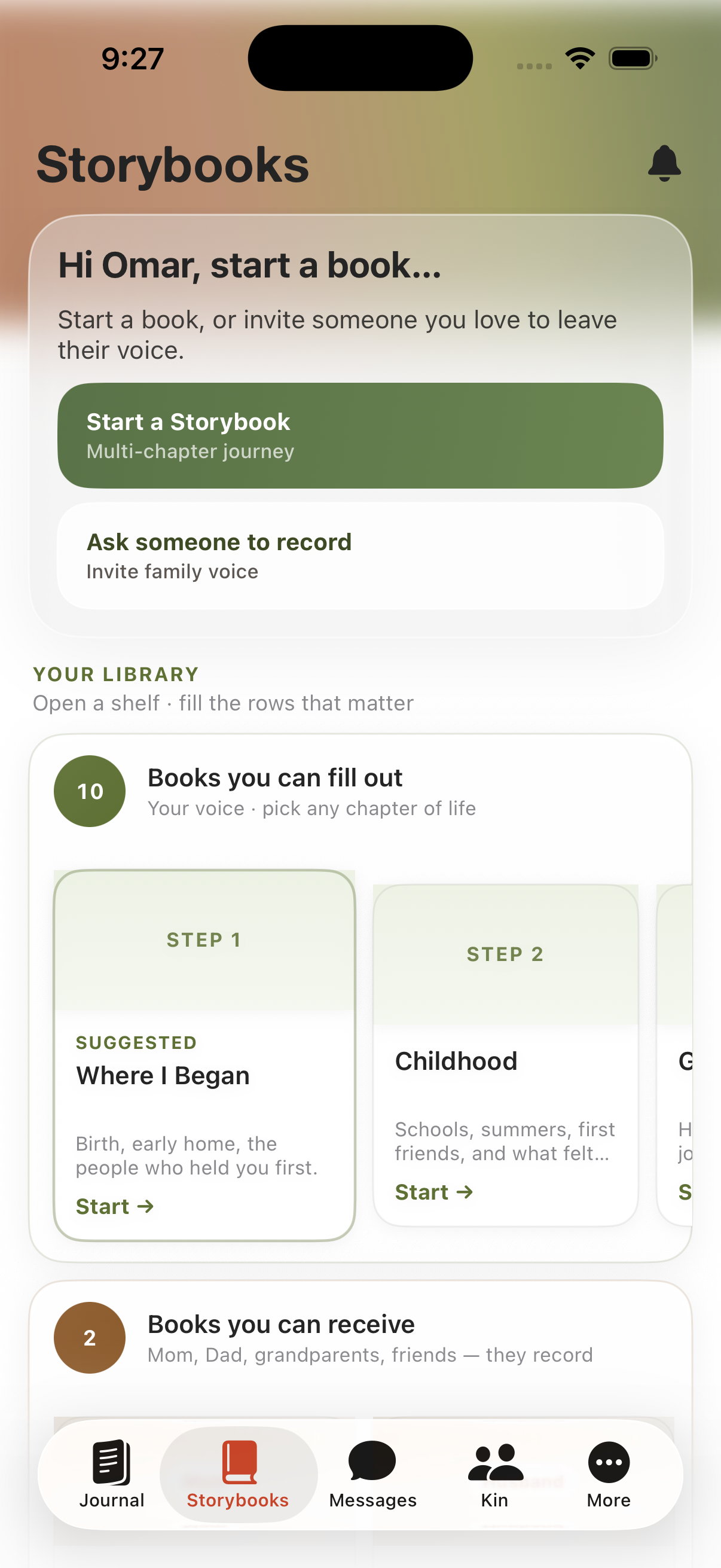Kinnect Storybooks hub on iPhone