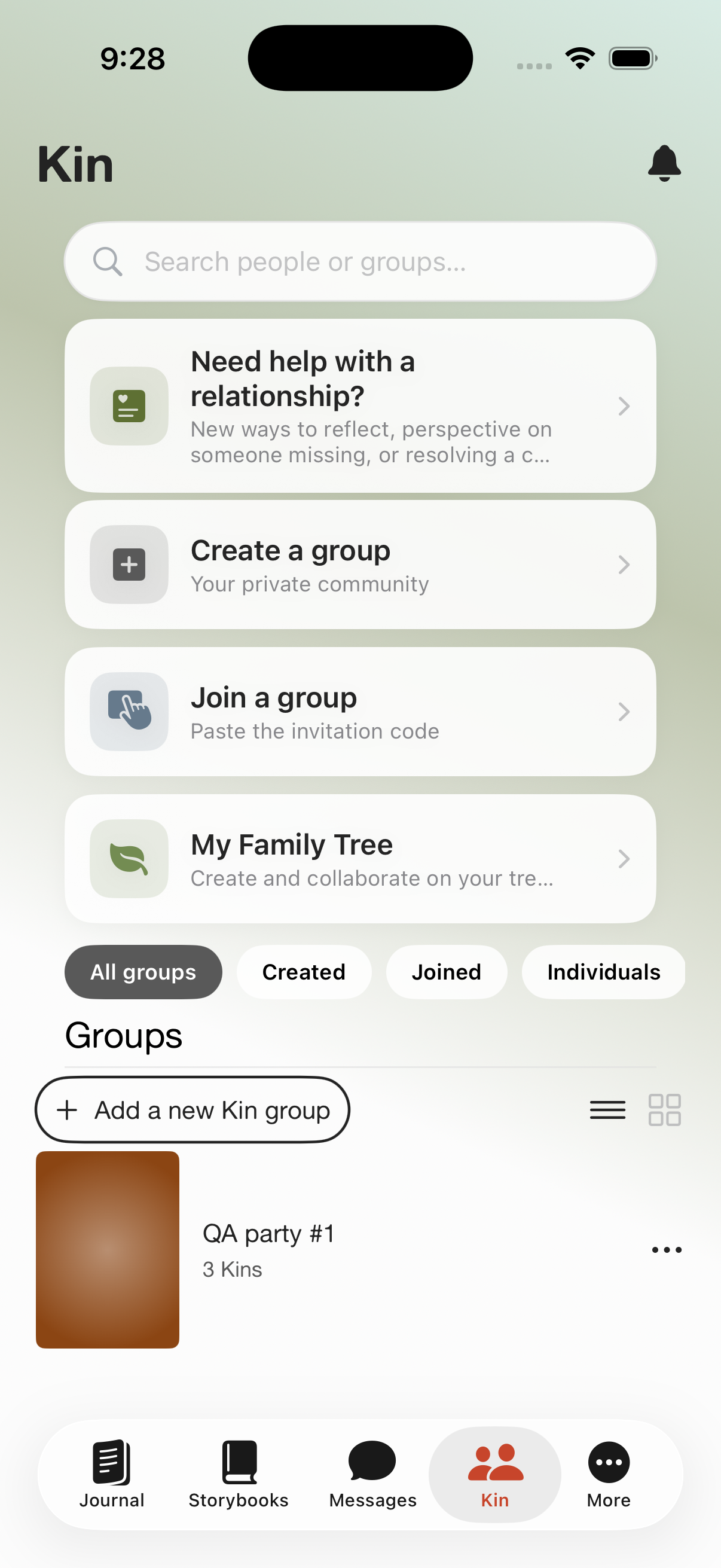 Kinnect Kin hub on iPhone