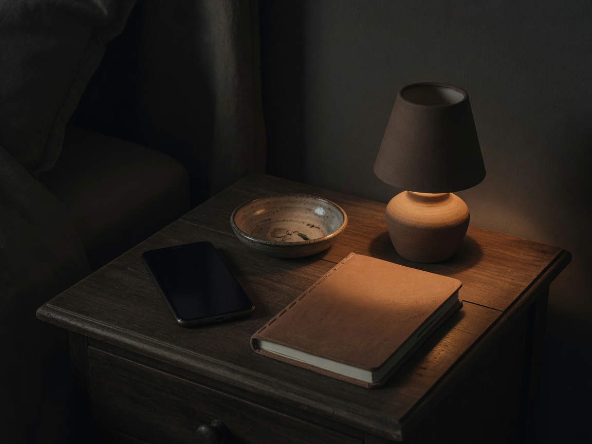 A phone face-down on a nightstand