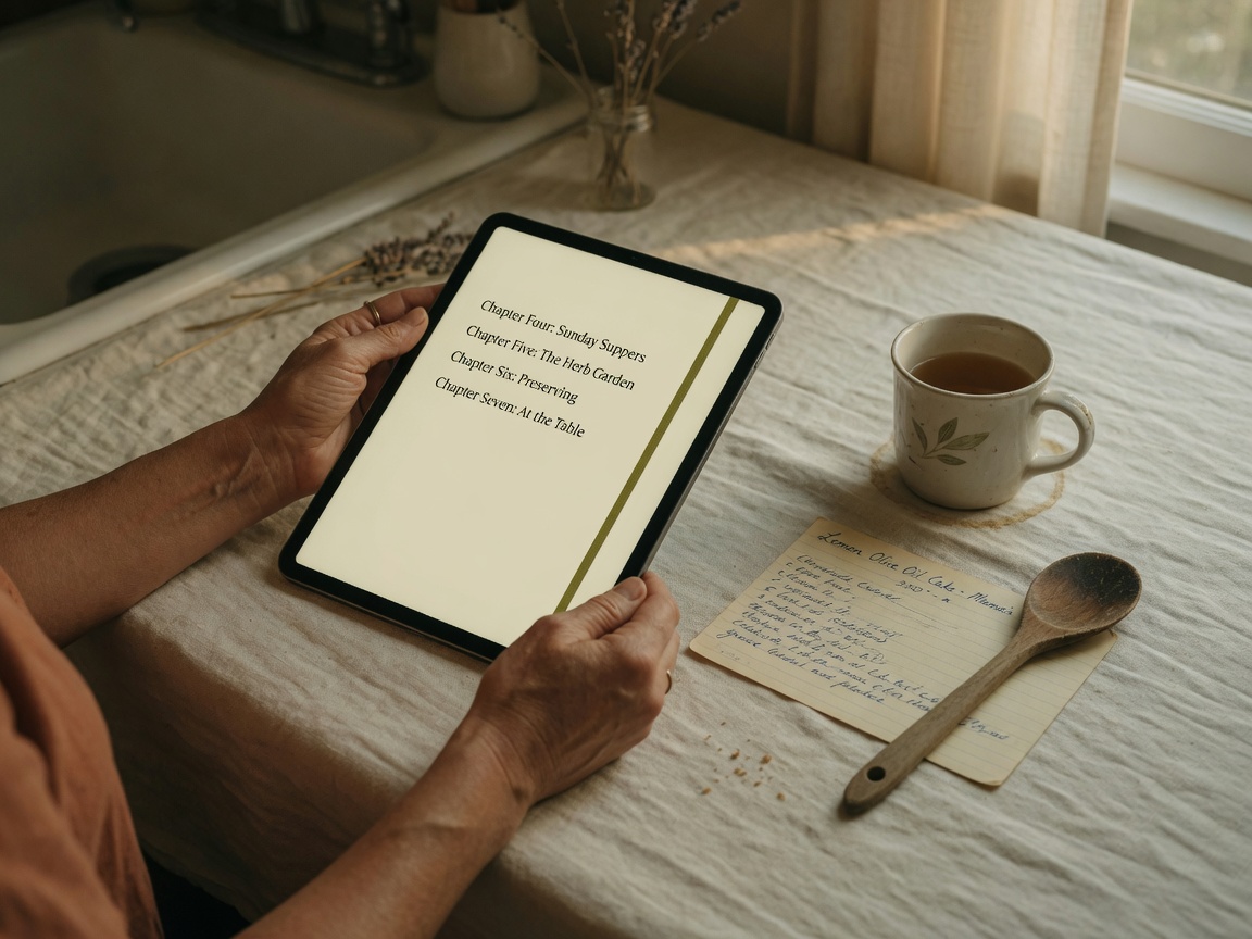 Hands holding a digital Storybook on a kitchen table