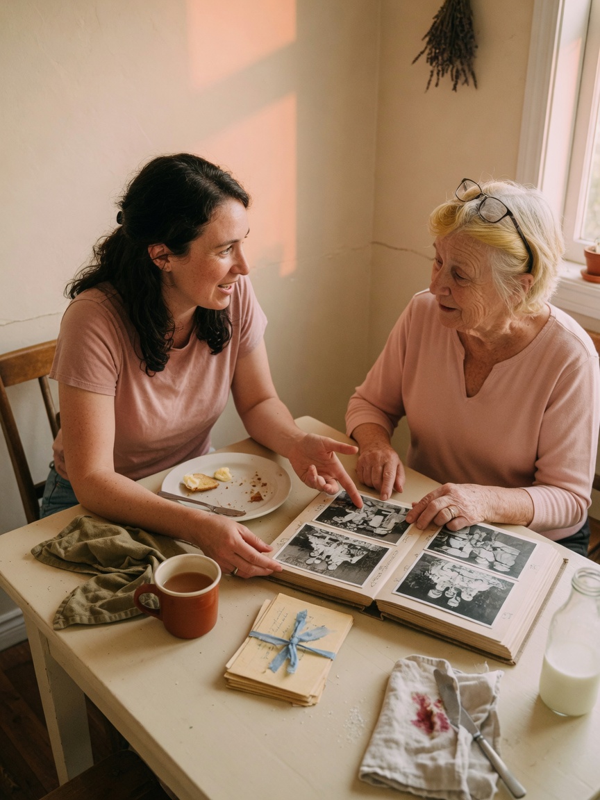 A daughter and her mother looking through a family photo album at a kitchen table